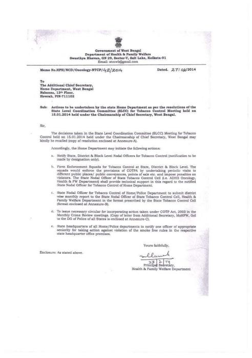 Actions to be undertaken by the state Home Department as per the resolution of the State Level Coordination Committee (SLCC) for Tobacco Control Meeting held on 15 Jan 2014 under the Chairmanship of Chief Secretary West Bengal